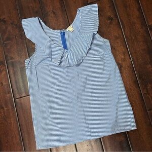 J. Crew - Blue Stripe Ruffle Neck Sleeveless Top Cotton